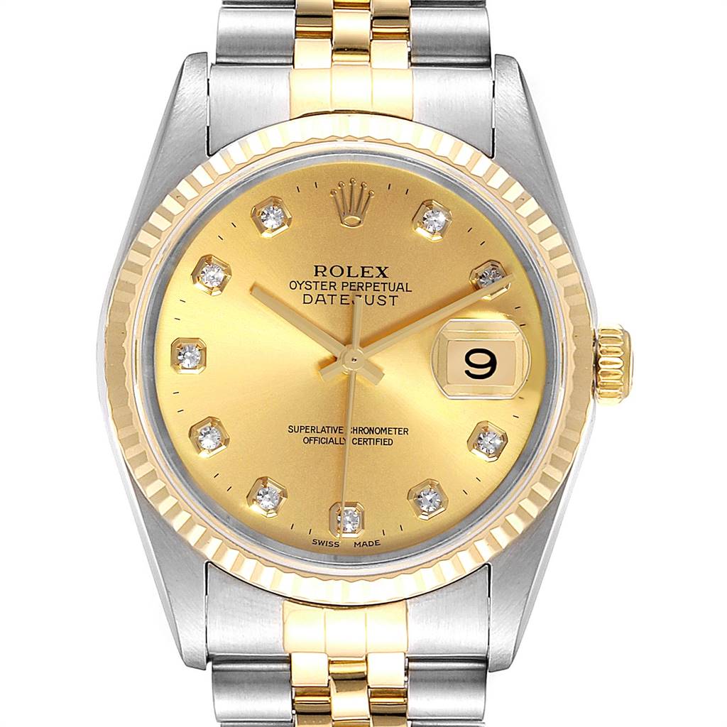 The image shows a front view of a Rolex Datejust 16233 Men
s Steel and Gold (two tone) Champagne Dial 16233 Men
s Steel and Gold (two tone) Champagne Dial watch featuring a gold dial, diamond hour markers, and a two-tone bracelet.