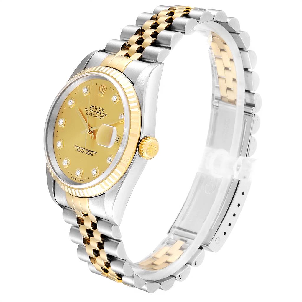 This image shows a Rolex Datejust 16233 Men
s Steel and Gold (two tone) Champagne Dial 16233 Men
s Steel and Gold (two tone) Champagne Dial watch at a 3/4 angle, highlighting the gold and silver bracelet and yellow dial.