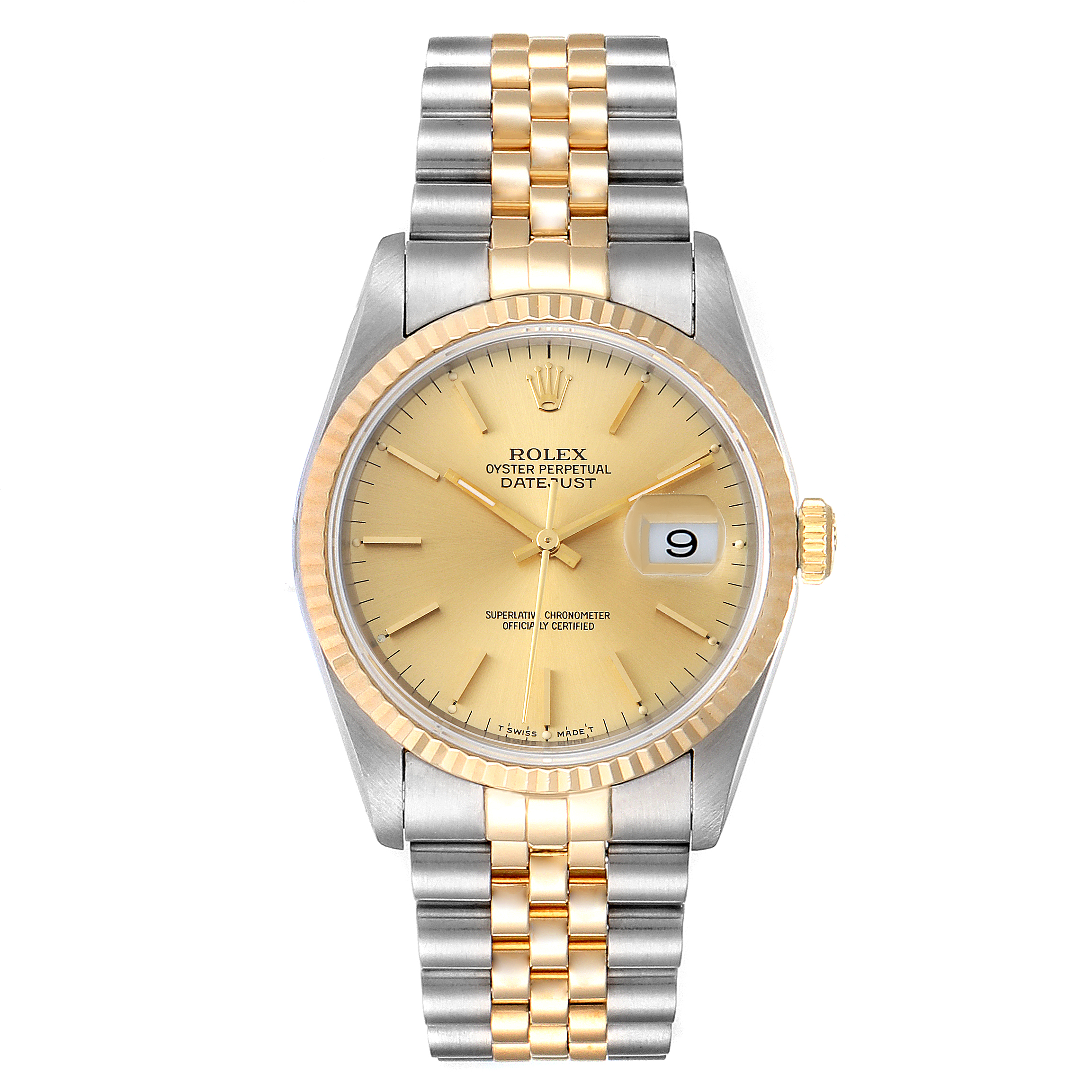 The image shows a Rolex Datejust 16233 Men's Steel and Gold (two tone) Champagne Dial 16233 Men's Steel and Gold (two tone) Champagne Dial watch from the front, displaying its dial, bezel, case, crown, and bracelet.