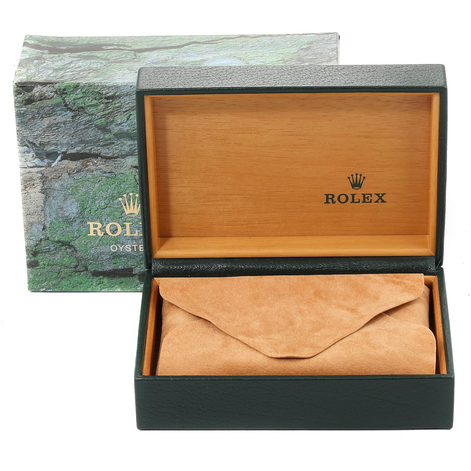 The image shows a Rolex Datejust 16233 Men's Steel and Gold (two tone) Champagne Dial 16233 Men's Steel and Gold (two tone) Champagne Dial watch box, including the outer box, inner box, and a suede pouch, shot from a front angle.