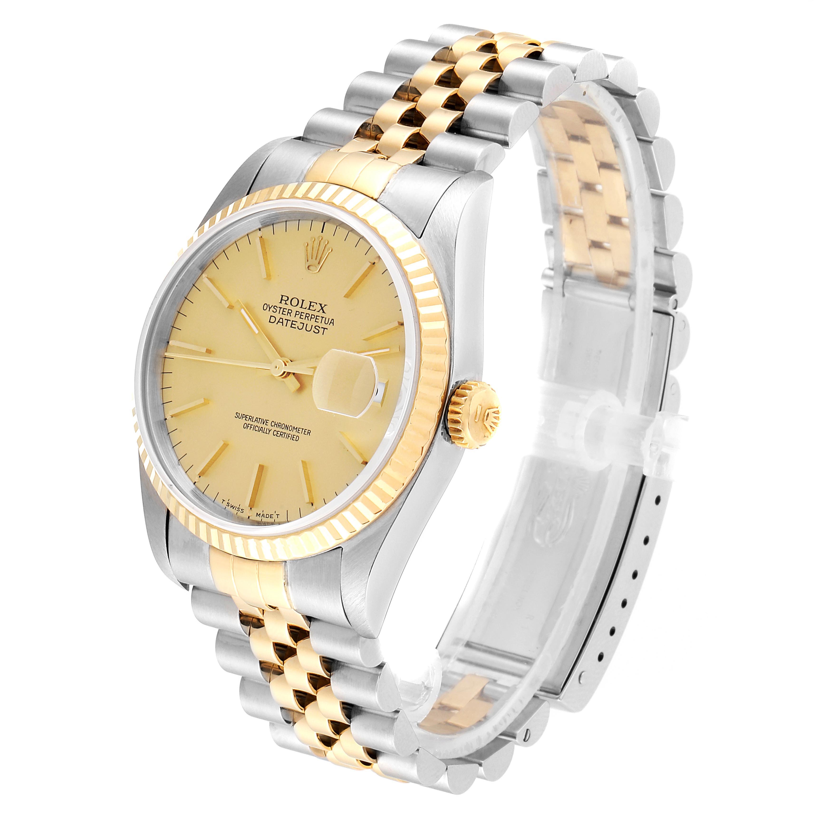 This image shows a Rolex Datejust 16233 Men's Steel and Gold (two tone) Champagne Dial 16233 Men's Steel and Gold (two tone) Champagne Dial watch at a three-quarter angle, highlighting its two-tone metal bracelet, fluted bezel, and dial with date display.