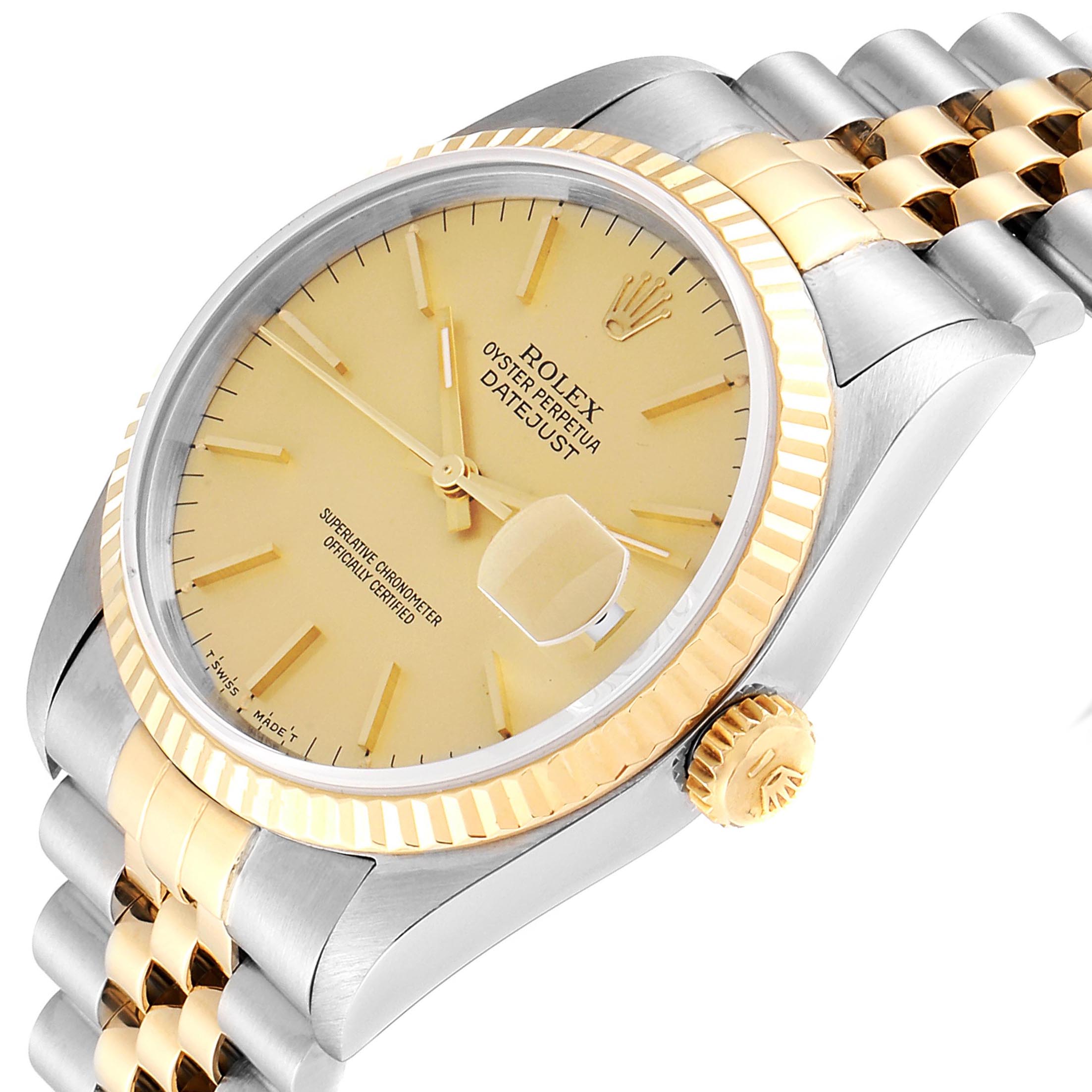 This image shows a close-up of the Rolex Datejust 16233 Men's Steel and Gold (two tone) Champagne Dial 16233 Men's Steel and Gold (two tone) Champagne Dial watch at a tilted angle, emphasizing the dial, bezel, crown, and bracelet.