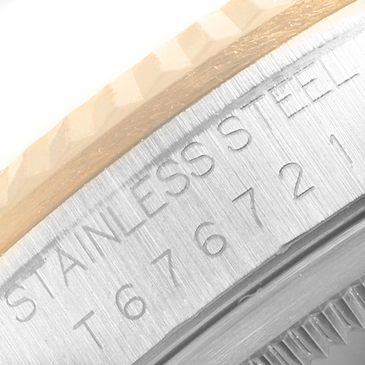 The image shows a close-up view of the stainless steel and bezel of a Rolex Datejust 16233 Men's Steel and Gold (two tone) Champagne Dial 16233 Men's Steel and Gold (two tone) Champagne Dial watch.