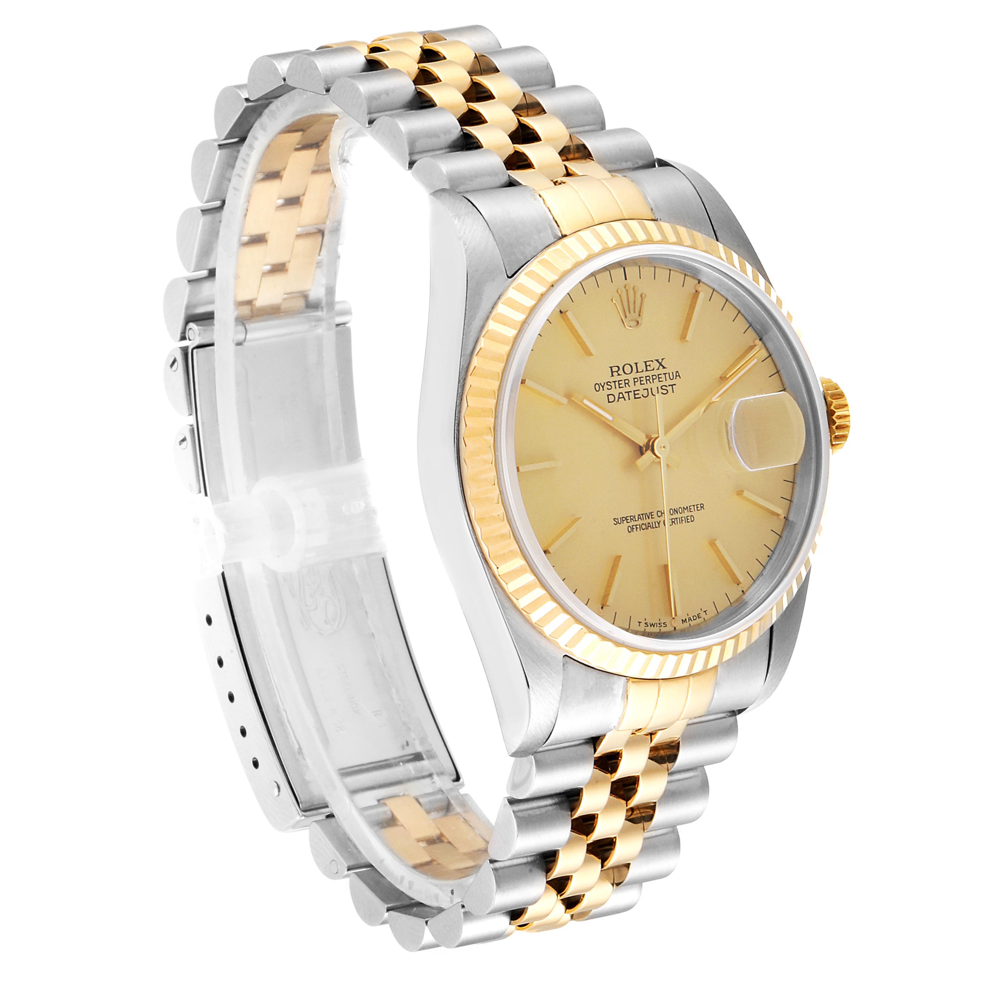 The image shows a Rolex Datejust 16233 Men's Steel and Gold (two tone) Champagne Dial 16233 Men's Steel and Gold (two tone) Champagne Dial watch from a side angle, highlighting the face, bezel, and two-tone bracelet.