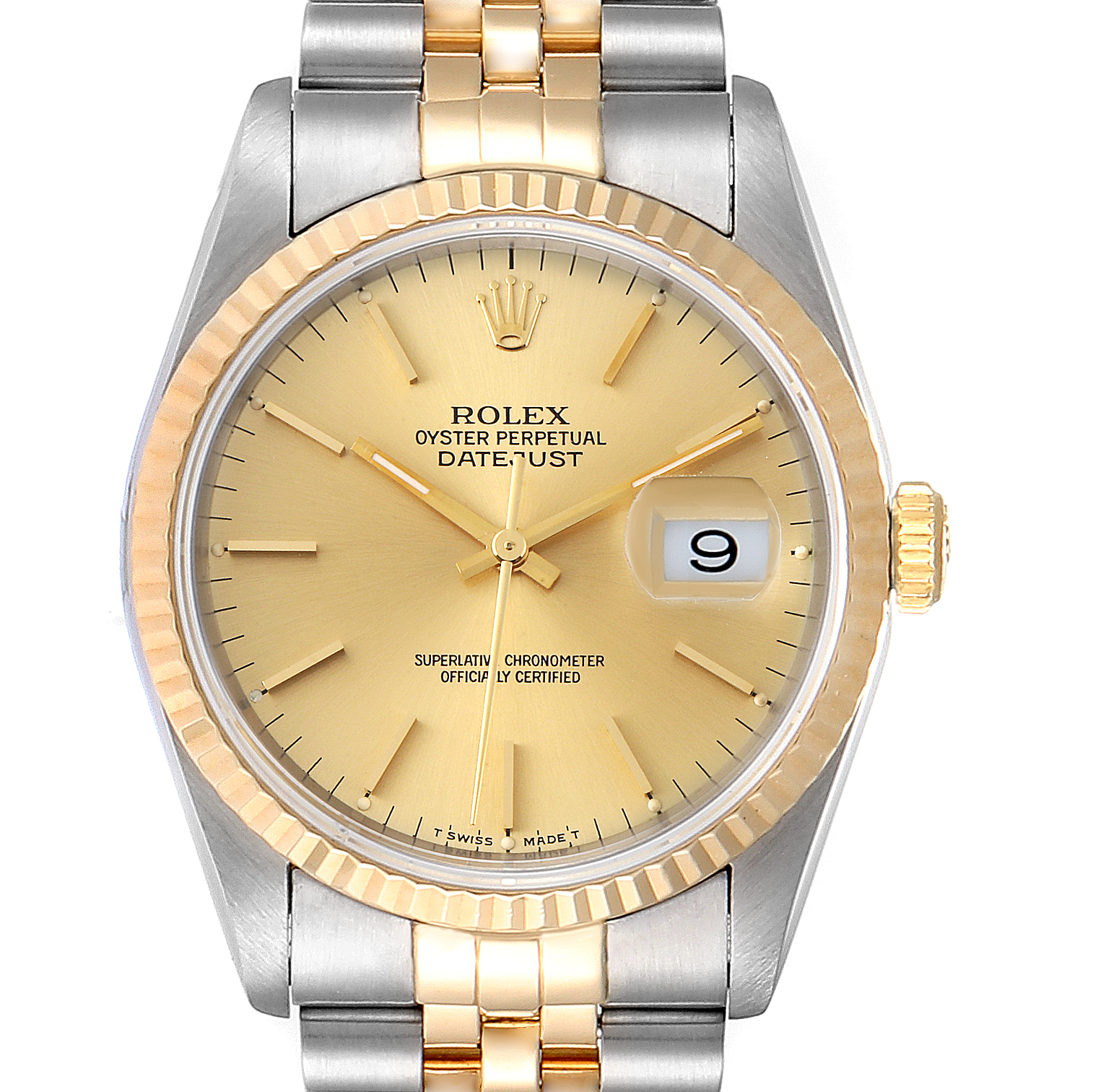 The Rolex Datejust 16233 Men's Steel and Gold (two tone) Champagne Dial 16233 Men's Steel and Gold (two tone) Champagne Dial watch is shown from the front, highlighting the gold dial, fluted bezel, and Jubilee bracelet.