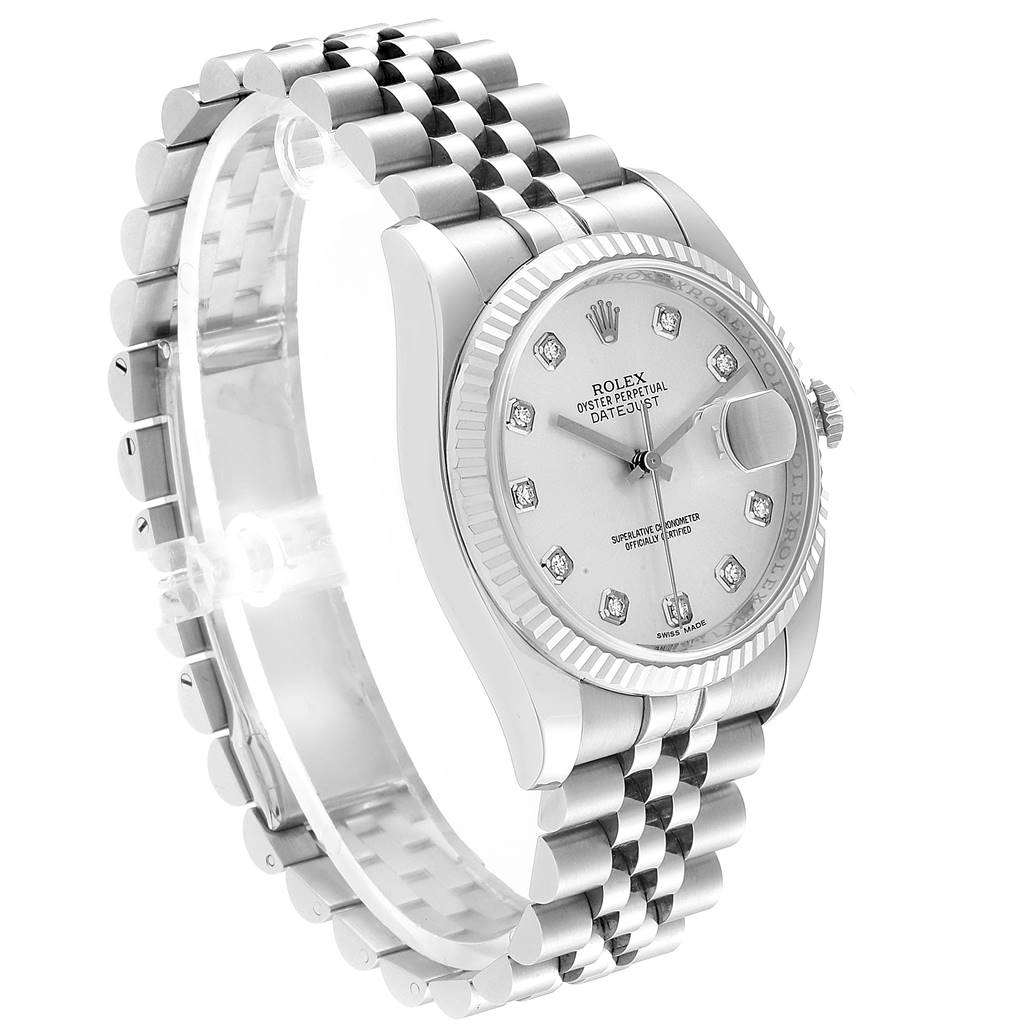 This image shows a Rolex Datejust 116234 Men's Stainless Steel Silver Dial 116234 Men's Stainless Steel Silver Dial watch at a three-quarter angle, highlighting its dial, bezel, and bracelet.