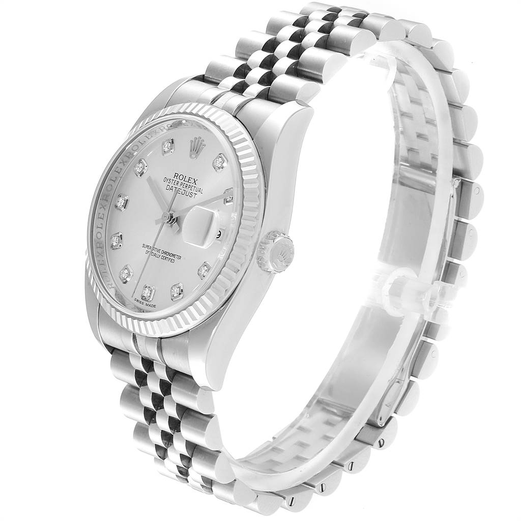 This image shows a Rolex Datejust 116234 Men's Stainless Steel Silver Dial 116234 Men's Stainless Steel Silver Dial watch at a three-quarter angle, highlighting the dial, bezel, crown, and jubilee bracelet.
