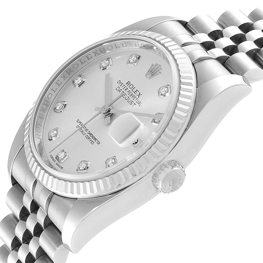 The Rolex Datejust 116234 Men's Stainless Steel Silver Dial 116234 Men's Stainless Steel Silver Dial watch is shown at an angled close-up view, highlighting the dial, bezel, crown, and part of the bracelet.