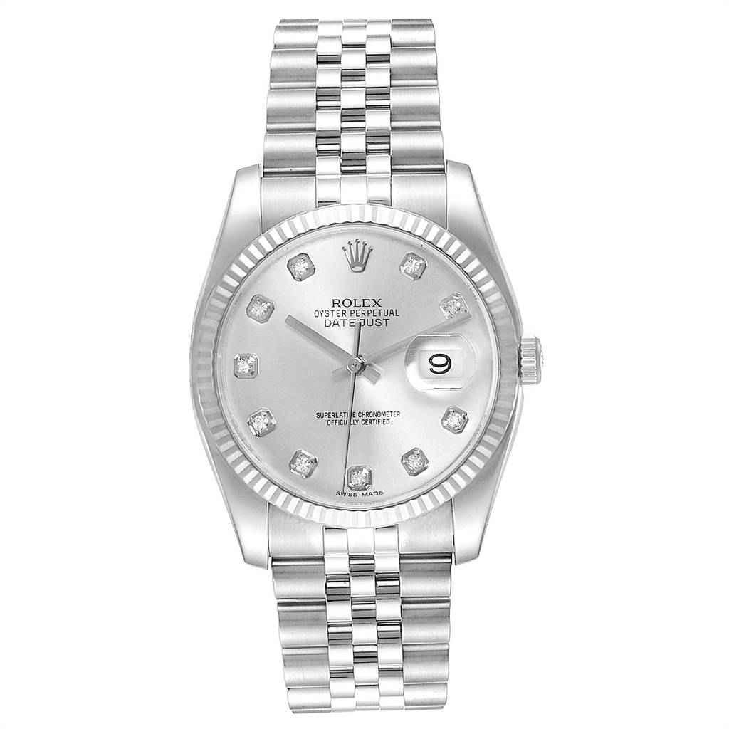 This is a front view of a Rolex Datejust 116234 Men's Stainless Steel Silver Dial 116234 Men's Stainless Steel Silver Dial watch, showing the dial, hands, diamond hour markers, bracelet, and bezel.
