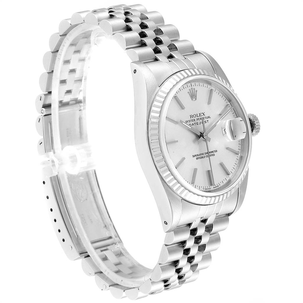The Rolex Datejust 16234 Men's Stainless Steel Silver Dial 16234 Men's Stainless Steel Silver Dial watch is shown at a side angle, displaying the face, bezel, crown, and bracelet.