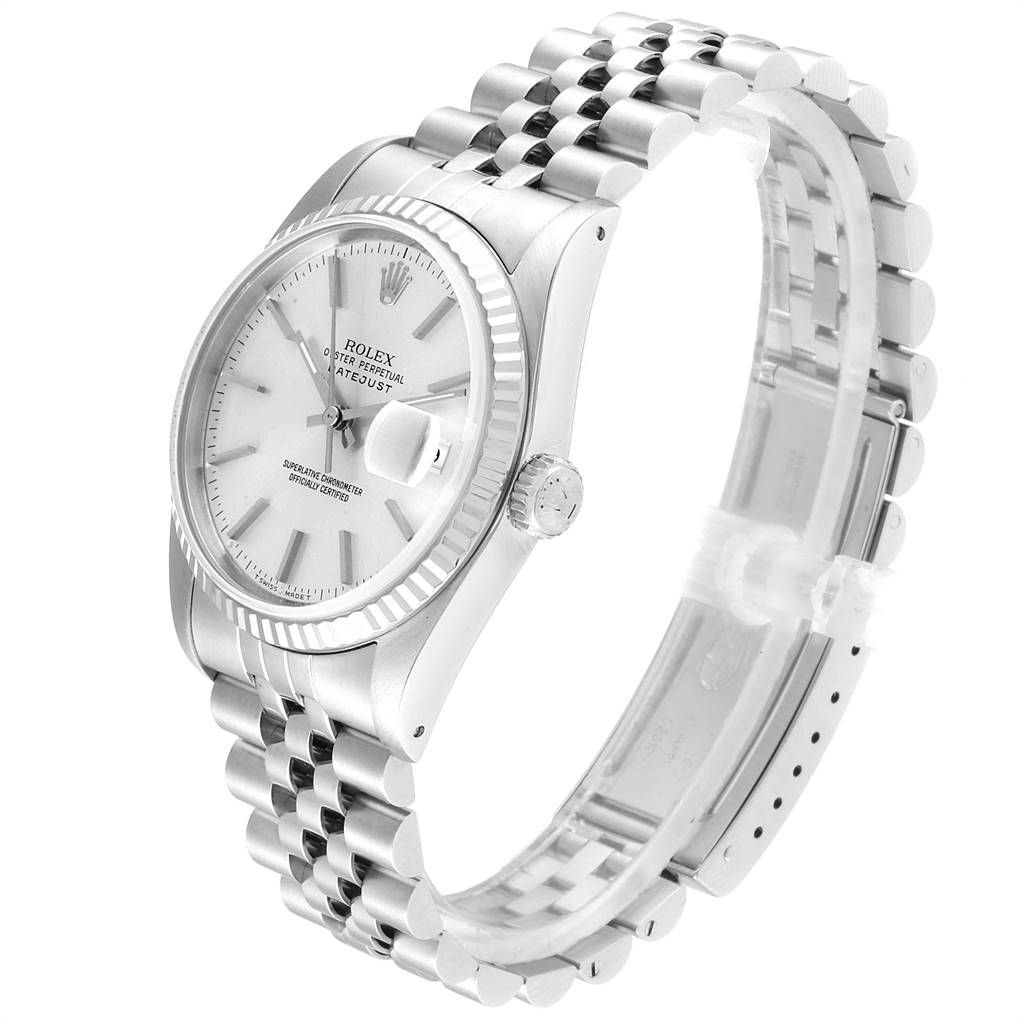 The image shows a Rolex Datejust 16234 Men's Stainless Steel Silver Dial 16234 Men's Stainless Steel Silver Dial watch at a slight side angle, depicting the dial, bezel, crown, and Jubilee bracelet.