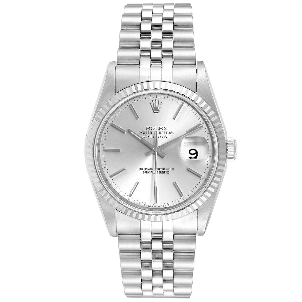 The image shows a front view of the Rolex Datejust 16234 Men's Stainless Steel Silver Dial 16234 Men's Stainless Steel Silver Dial watch, displaying its silver dial, Jubilee bracelet, and date window.
