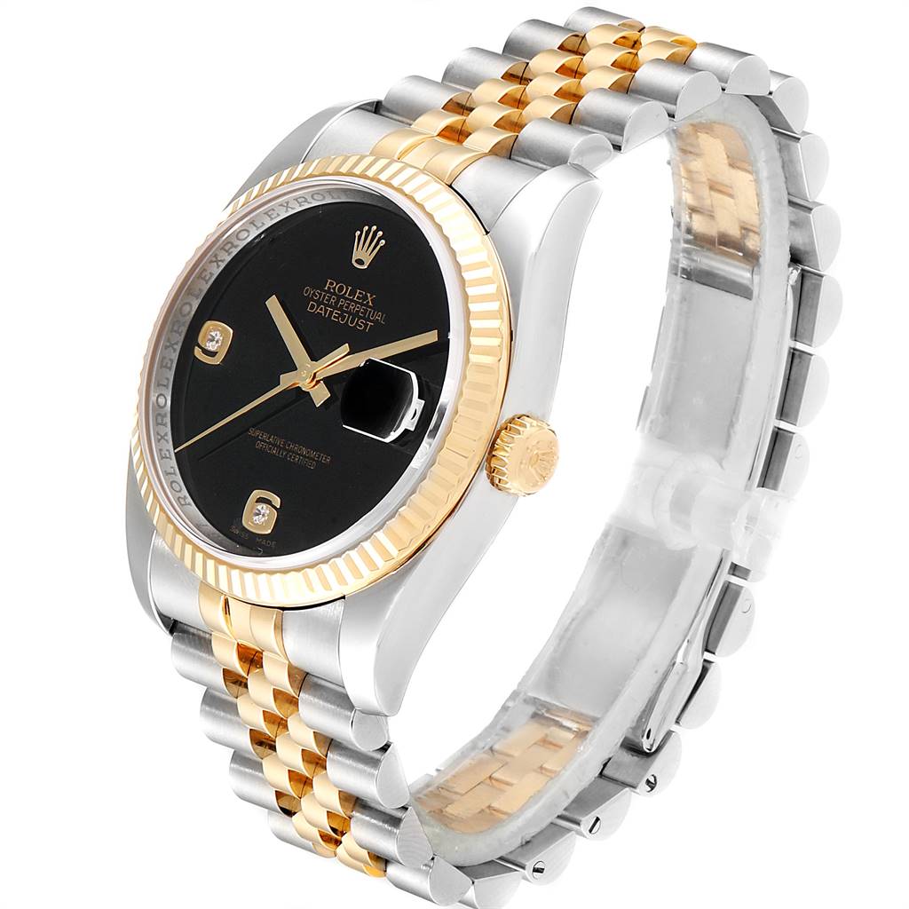 The Rolex Datejust 116233 Men's Stainless Steel Black Dial 116233 Men's Stainless Steel Black Dial watch is shown at a slight angle, featuring the face, bezel, crown, and two-tone jubilee bracelet.