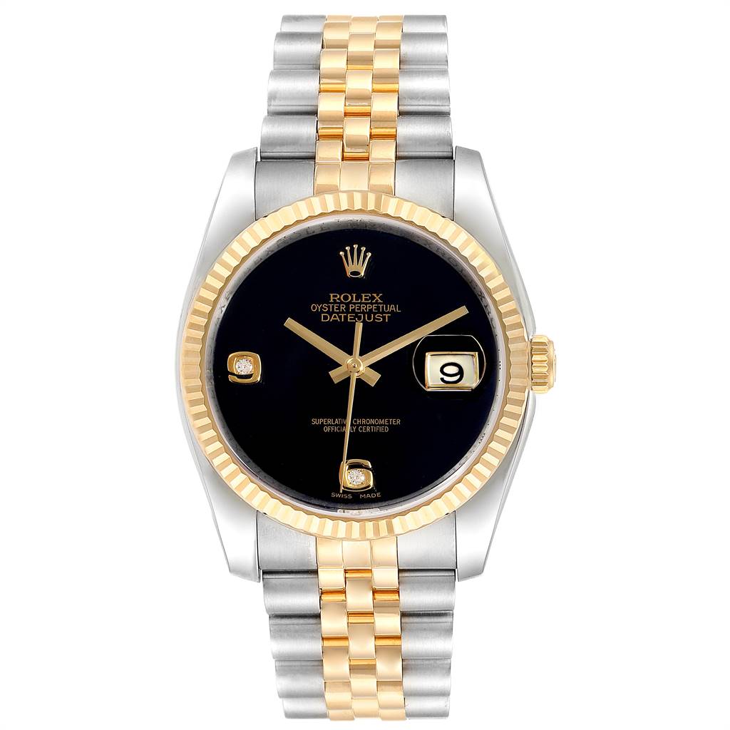 This image shows a front view of a Rolex Datejust 116233 Men's Stainless Steel Black Dial 116233 Men's Stainless Steel Black Dial watch with a two-tone bracelet and a black dial.