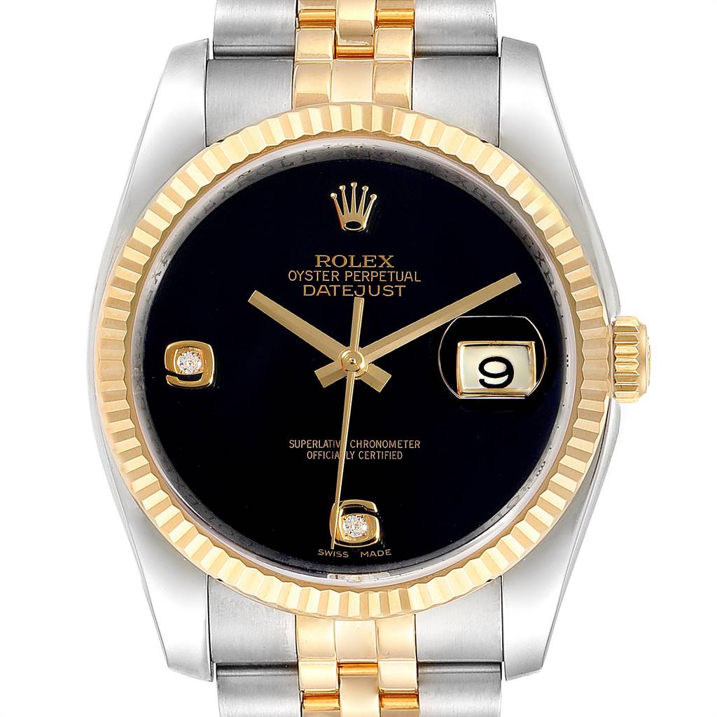 This image shows a front view of the Rolex Datejust 116233 Men's Stainless Steel Black Dial 116233 Men's Stainless Steel Black Dial, highlighting its black dial, gold accents, date window, and two-tone bracelet.