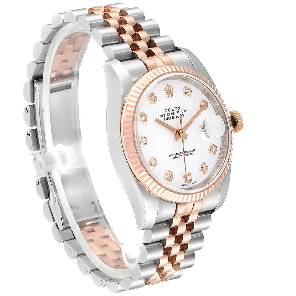 This Rolex Datejust 116231 Men
s Steel and Gold (two tone) White Dial 116231 Men
s Steel and Gold (two tone) White Dial watch is shown at a slight angle, highlighting its face, two-tone bracelet, and fluted bezel.