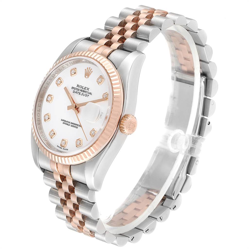 The Rolex Datejust 116231 Men
s Steel and Gold (two tone) White Dial 116231 Men
s Steel and Gold (two tone) White Dial model watch is shown at a three-quarter angle, highlighting the face, bezel, crown, and two-tone bracelet.