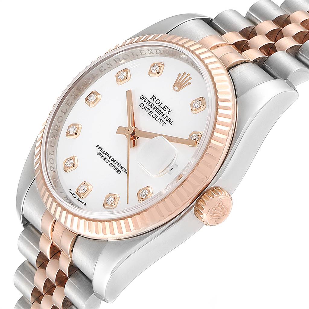The image shows a side angle of the Rolex Datejust 116231 Men
s Steel and Gold (two tone) White Dial 116231 Men
s Steel and Gold (two tone) White Dial watch, highlighting the bezel, face, and part of the bracelet.