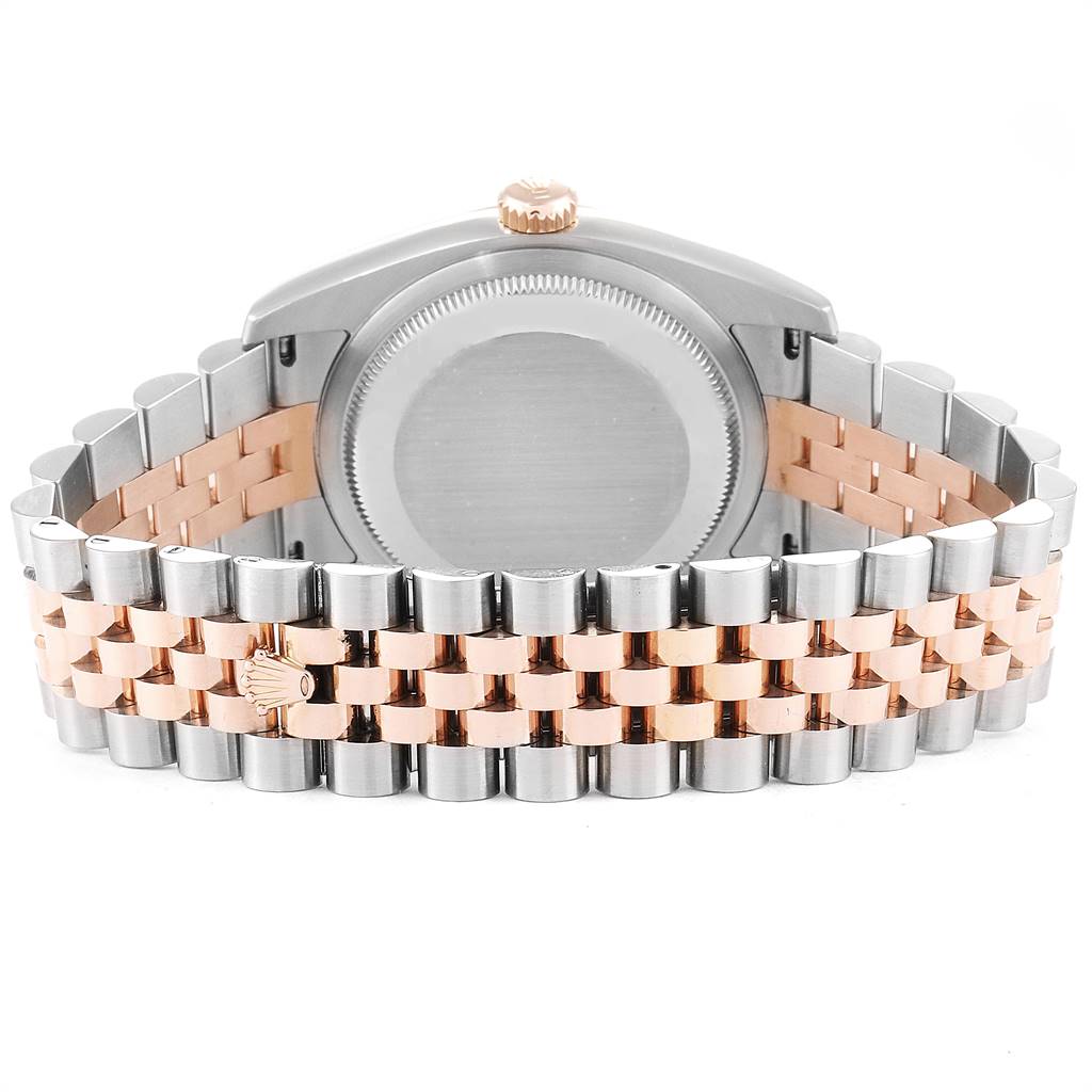 The image shows the back of a Rolex Datejust 116231 Men
s Steel and Gold (two tone) White Dial 116231 Men
s Steel and Gold (two tone) White Dial watch, highlighting the case back, crown, and Jubilee bracelet in rose gold and stainless steel.
