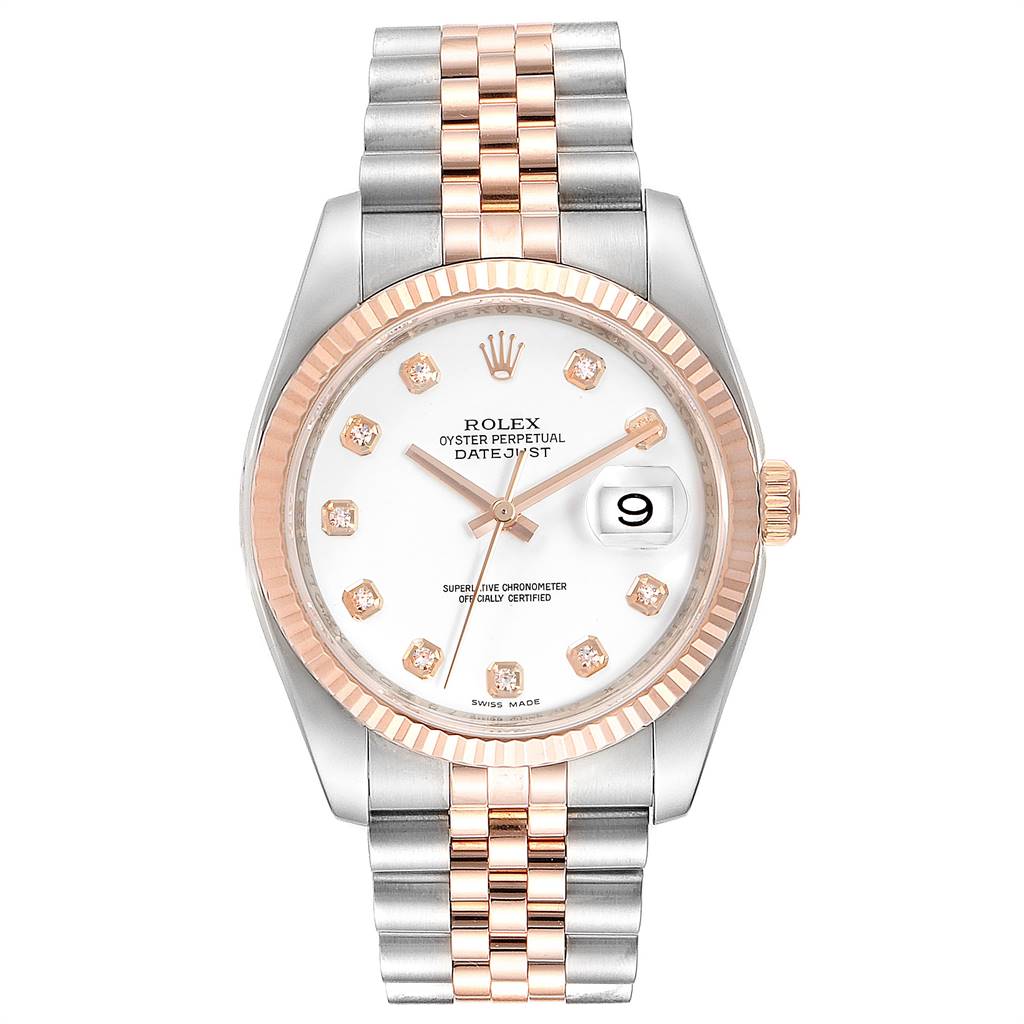The image shows a front view of a Rolex Datejust 116231 Men
s Steel and Gold (two tone) White Dial 116231 Men
s Steel and Gold (two tone) White Dial watch, highlighting its dial, bezel, markers, hands, and bracelet.
