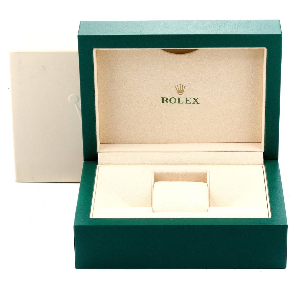 This image shows an open Rolex Datejust 116234 Men's Stainless Steel Mother of Pearl Dial 116234 Men's Stainless Steel Mother of Pearl Dial watch box with a cushion for the watch.