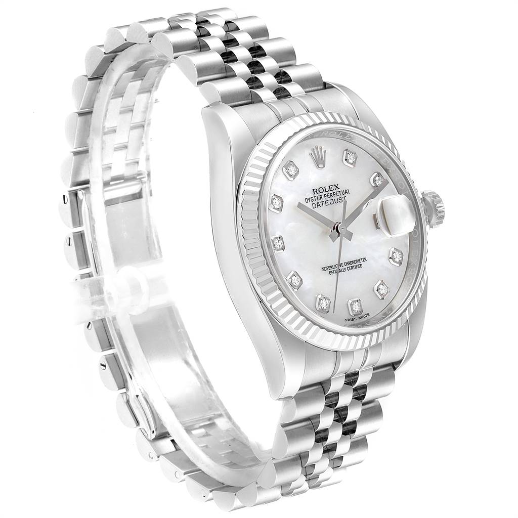 The Rolex Datejust 116234 Men's Stainless Steel Mother of Pearl Dial 116234 Men's Stainless Steel Mother of Pearl Dial watch is shown at a 3/4 angle, highlighting its face, fluted bezel, and Jubilee bracelet.