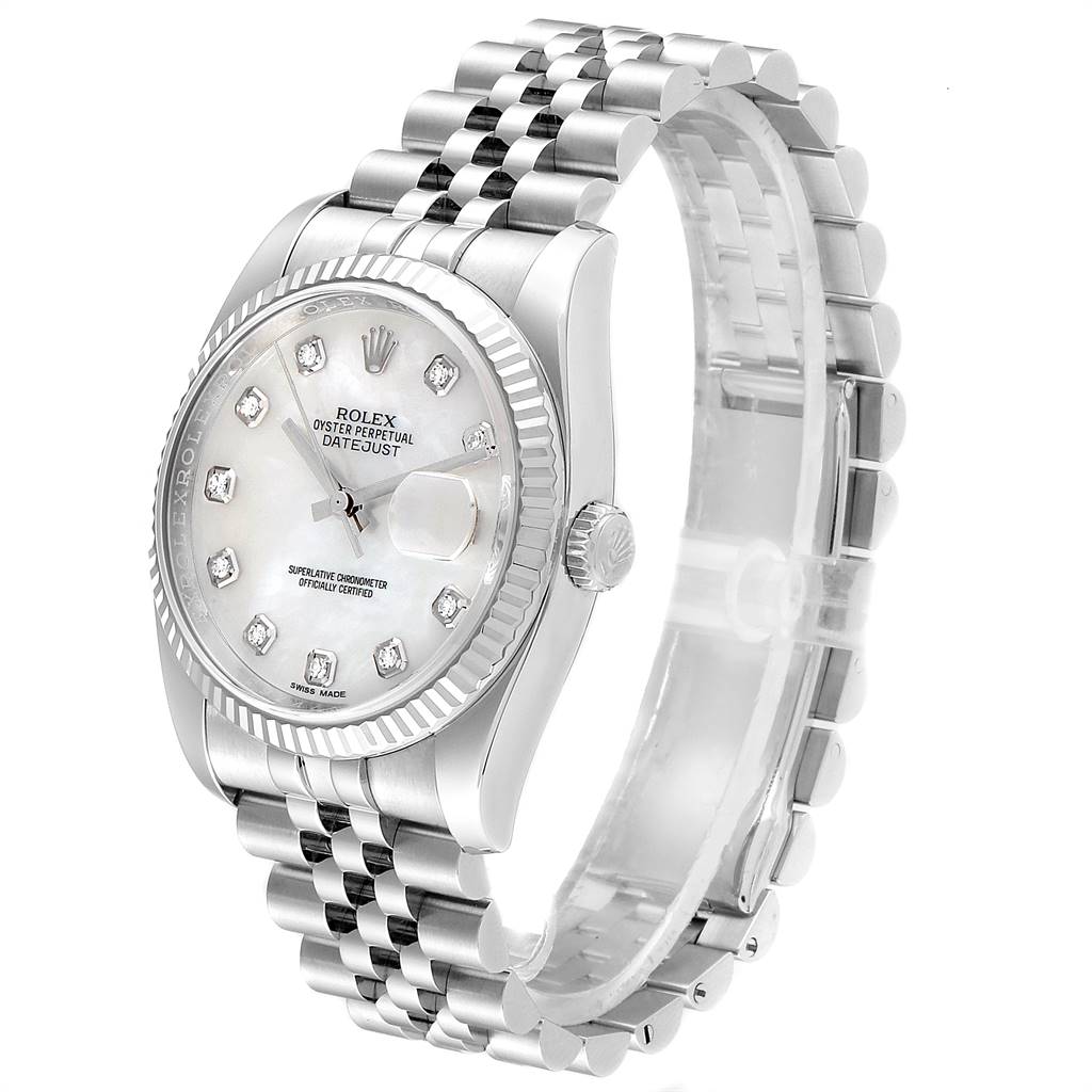 This image shows the Rolex Datejust 116234 Men's Stainless Steel Mother of Pearl Dial 116234 Men's Stainless Steel Mother of Pearl Dial watch at a 3/4 angle, highlighting the face, bezel, crown, and bracelet.