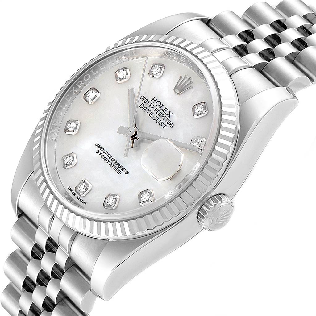 This image displays a Rolex Datejust 116234 Men's Stainless Steel Mother of Pearl Dial 116234 Men's Stainless Steel Mother of Pearl Dial watch, highlighting the dial, bezel, crown, and part of the bracelet from a side angle.