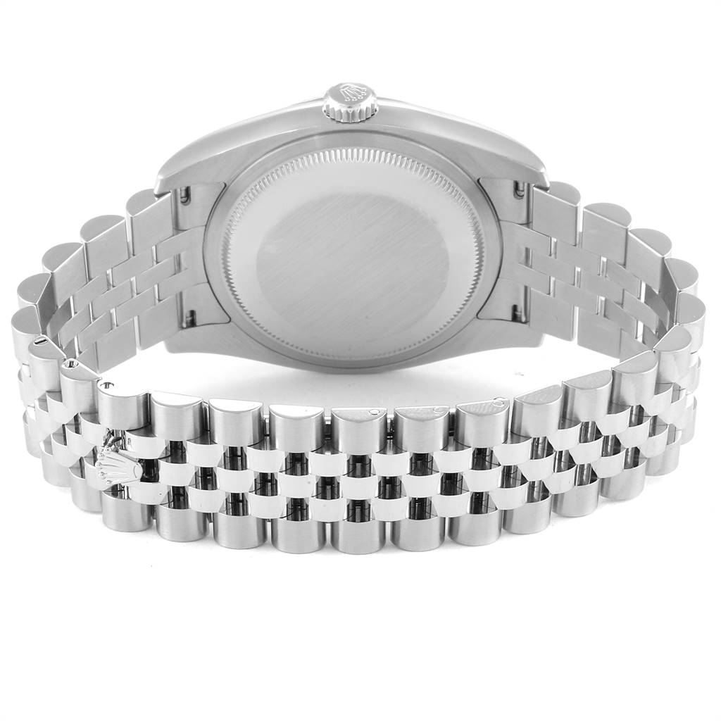 This image shows the back of a Rolex Datejust 116234 Men's Stainless Steel Mother of Pearl Dial 116234 Men's Stainless Steel Mother of Pearl Dial with a focus on the case back and the Jubilee bracelet.