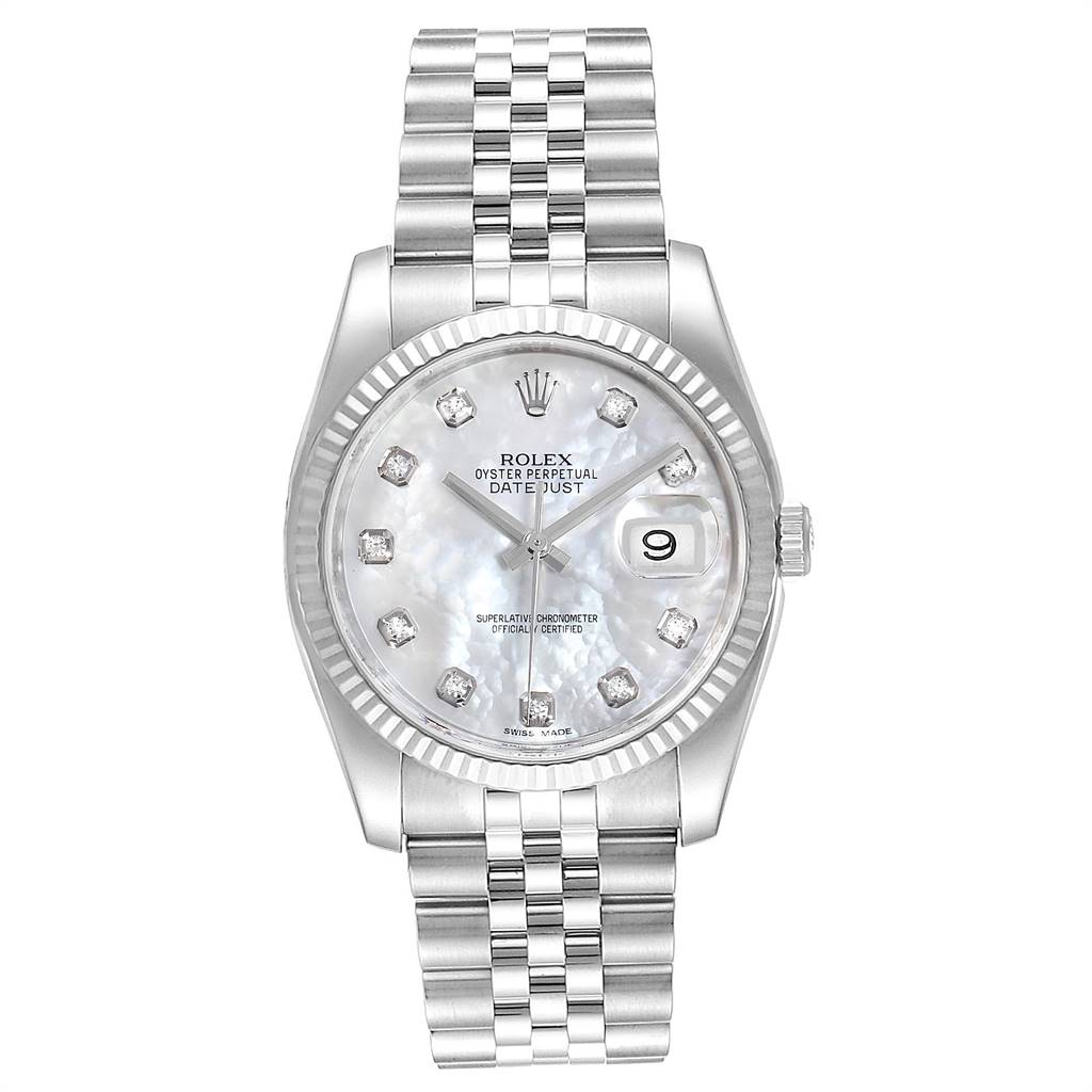 This image shows a front view of a Rolex Datejust 116234 Men's Stainless Steel Mother of Pearl Dial 116234 Men's Stainless Steel Mother of Pearl Dial watch with a fluted bezel, mother-of-pearl dial, and jubilee bracelet.