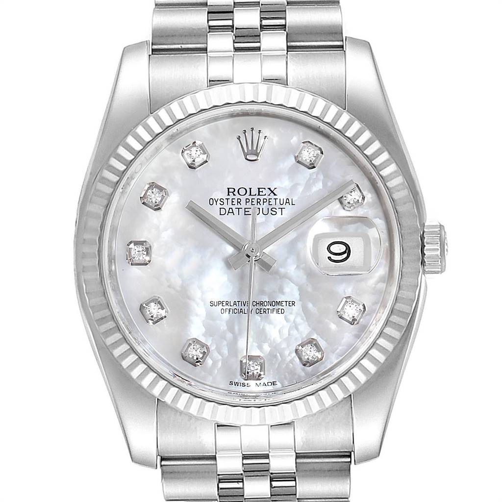 The Rolex Datejust 116234 Men's Stainless Steel Mother of Pearl Dial 116234 Men's Stainless Steel Mother of Pearl Dial watch is shown from a top-down angle, displaying the dial and bracelet in detail.