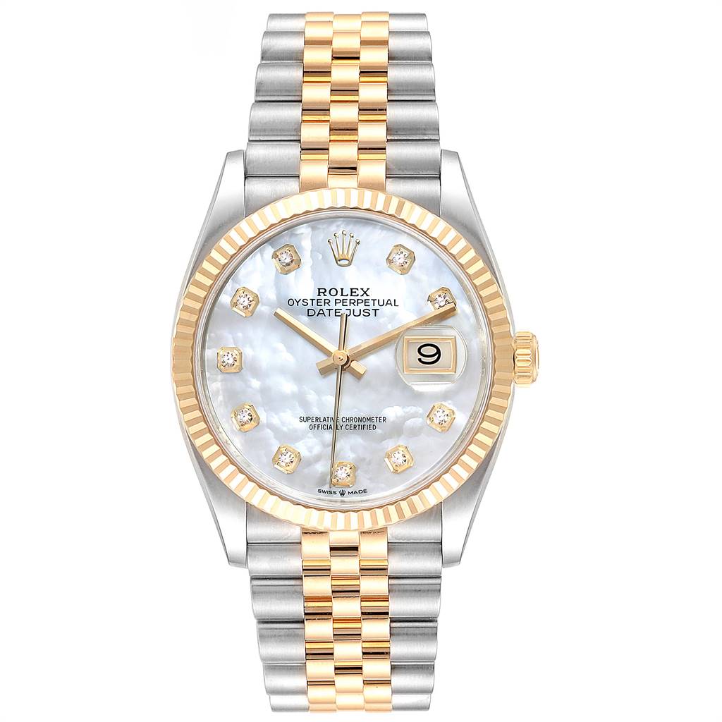 The Rolex Datejust 126233 Men's Steel and Gold (two tone) Mother of Pearl Dial 126233 Men's Steel and Gold (two tone) Mother of Pearl Dial watch is shown from a front angle, displaying the face, bezel, and two-tone jubilee bracelet.