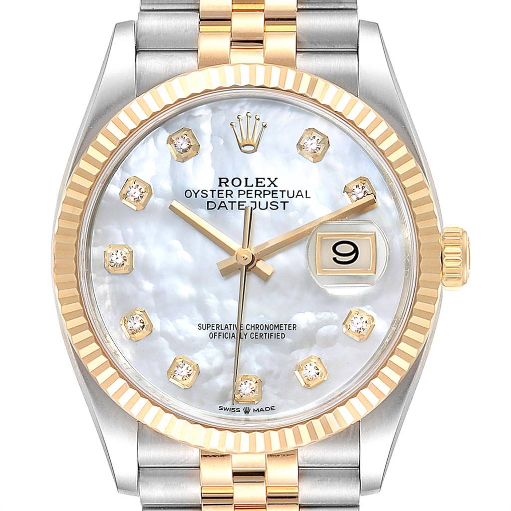 The image shows a frontal view of a Rolex Datejust 126233 Men's Steel and Gold (two tone) Mother of Pearl Dial 126233 Men's Steel and Gold (two tone) Mother of Pearl Dial watch, displaying the dial, hands, date window, crown, and band.