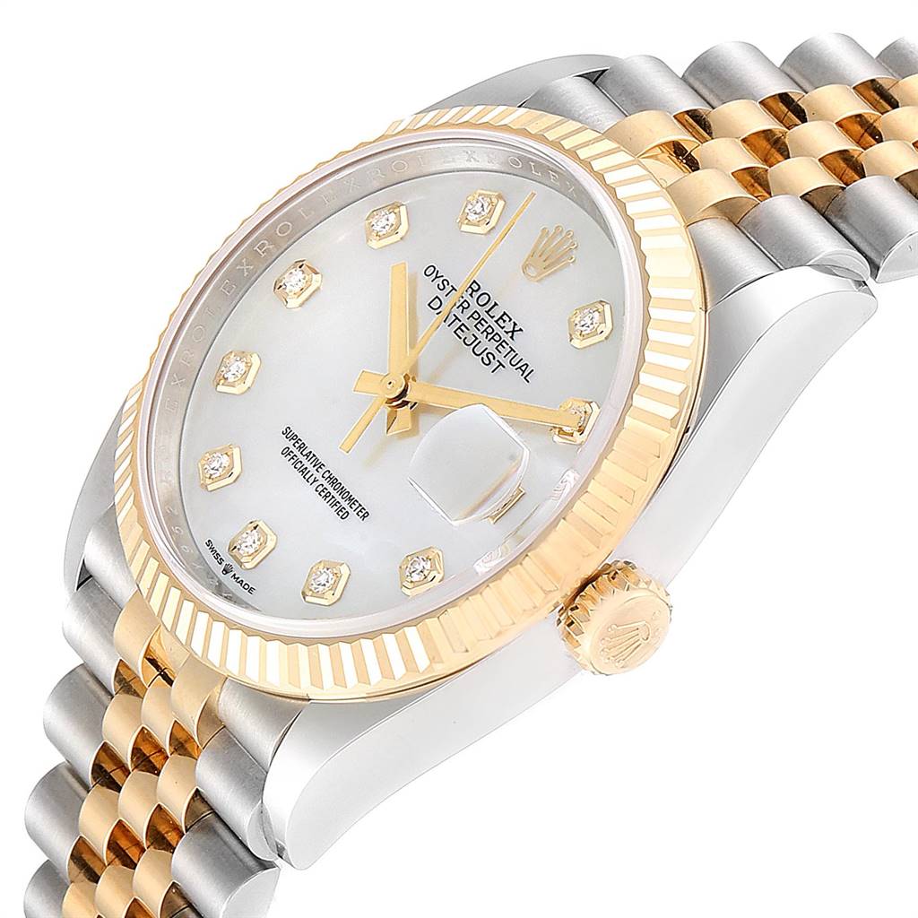 The image shows a Rolex Datejust 126233 Men's Steel and Gold (two tone) Mother of Pearl Dial 126233 Men's Steel and Gold (two tone) Mother of Pearl Dial model watch angled to display the face, bezel, crown, and part of the bracelet.