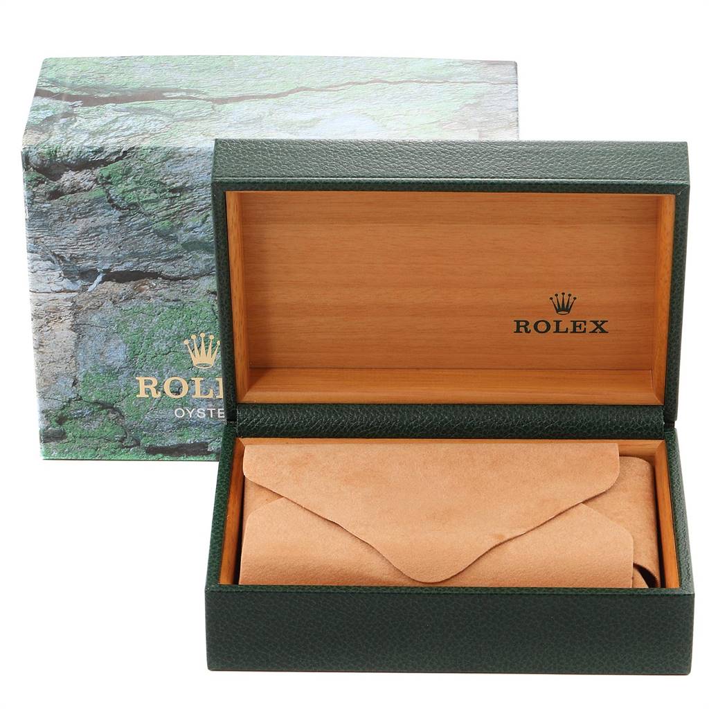 The image shows a Rolex Datejust 16233 Men's Steel and Gold (two tone) White Dial 16233 Men's Steel and Gold (two tone) White Dial watch box and case, with the outer box, an open inner box, and a suede pouch.