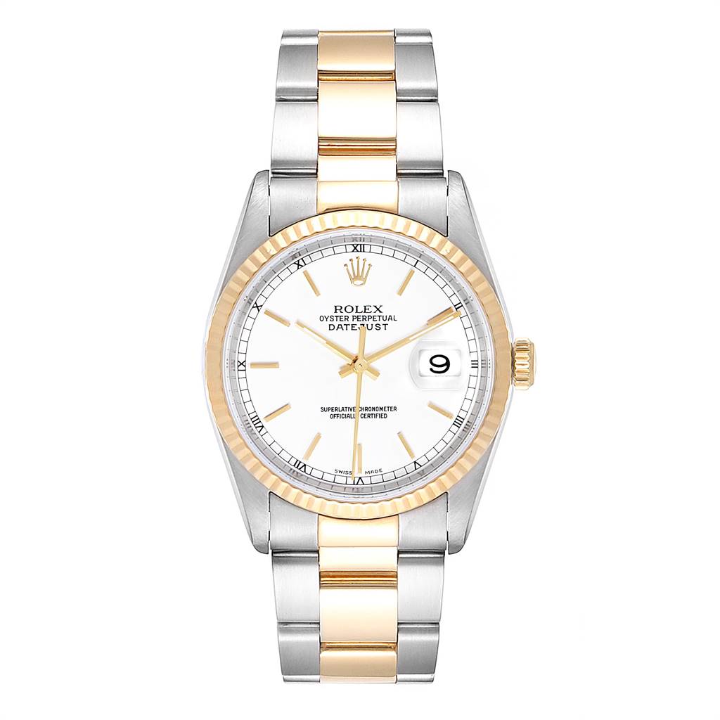 This image shows the front view of a Rolex Datejust 16233 Men's Steel and Gold (two tone) White Dial 16233 Men's Steel and Gold (two tone) White Dial watch, highlighting its dial, bezel, crown, and two-tone bracelet.