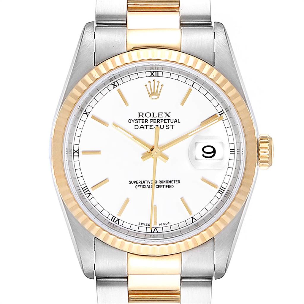 This image shows a front view of a Rolex Datejust 16233 Men's Steel and Gold (two tone) White Dial 16233 Men's Steel and Gold (two tone) White Dial watch, highlighting its dial, bezel, crown, and bracelet.