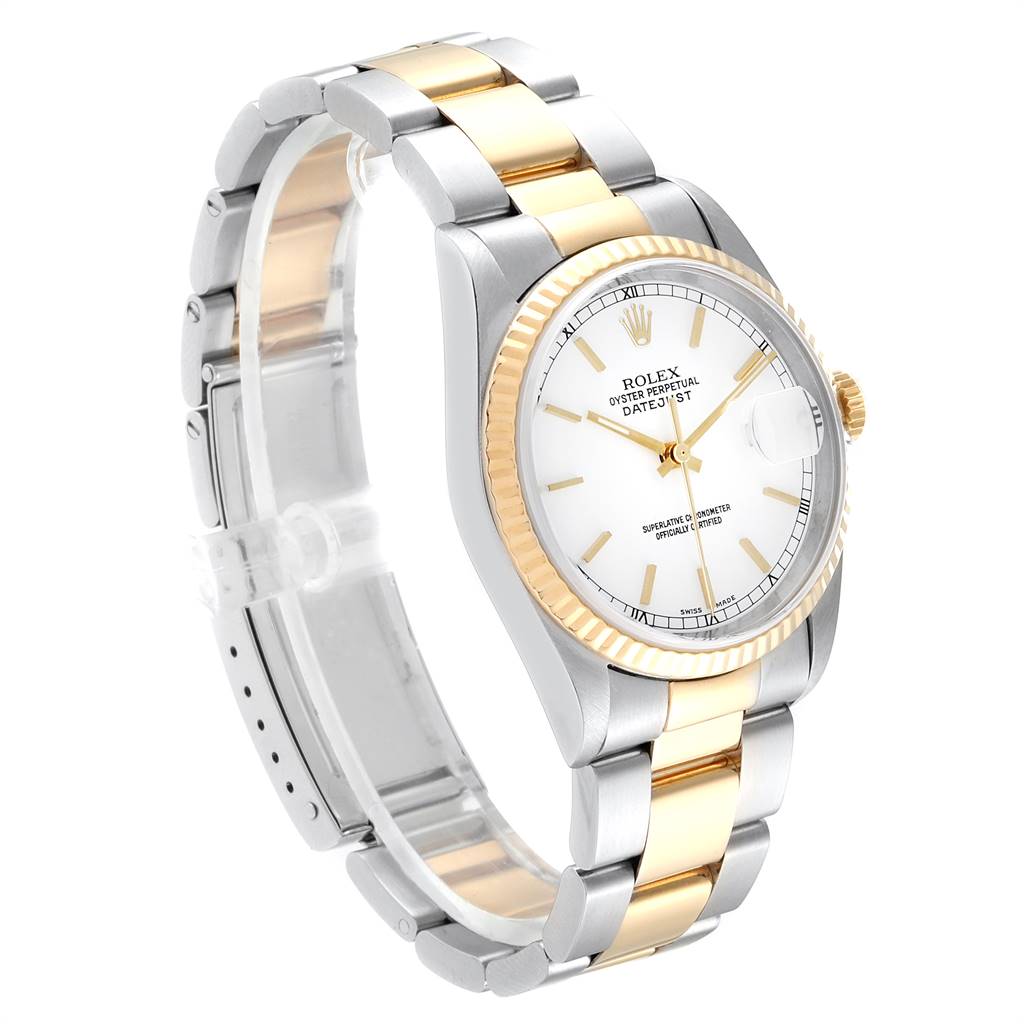This image shows a side angle of a Rolex Datejust 16233 Men's Steel and Gold (two tone) White Dial 16233 Men's Steel and Gold (two tone) White Dial watch, highlighting its two-tone bracelet and white dial.