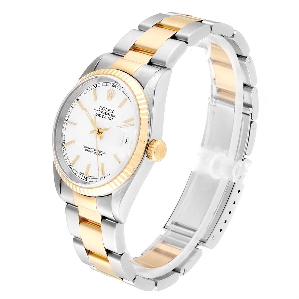 The Rolex Datejust 16233 Men's Steel and Gold (two tone) White Dial 16233 Men's Steel and Gold (two tone) White Dial watch is shown at an angled view, featuring the dial, case, bezel, crown, and bracelet.
