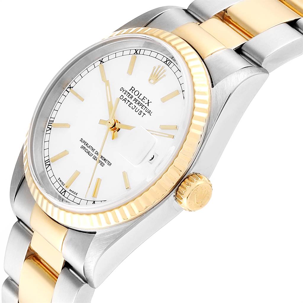 This image shows the side angle of a Rolex Datejust 16233 Men's Steel and Gold (two tone) White Dial 16233 Men's Steel and Gold (two tone) White Dial watch, highlighting its bezel, face, crown, and part of the bracelet.