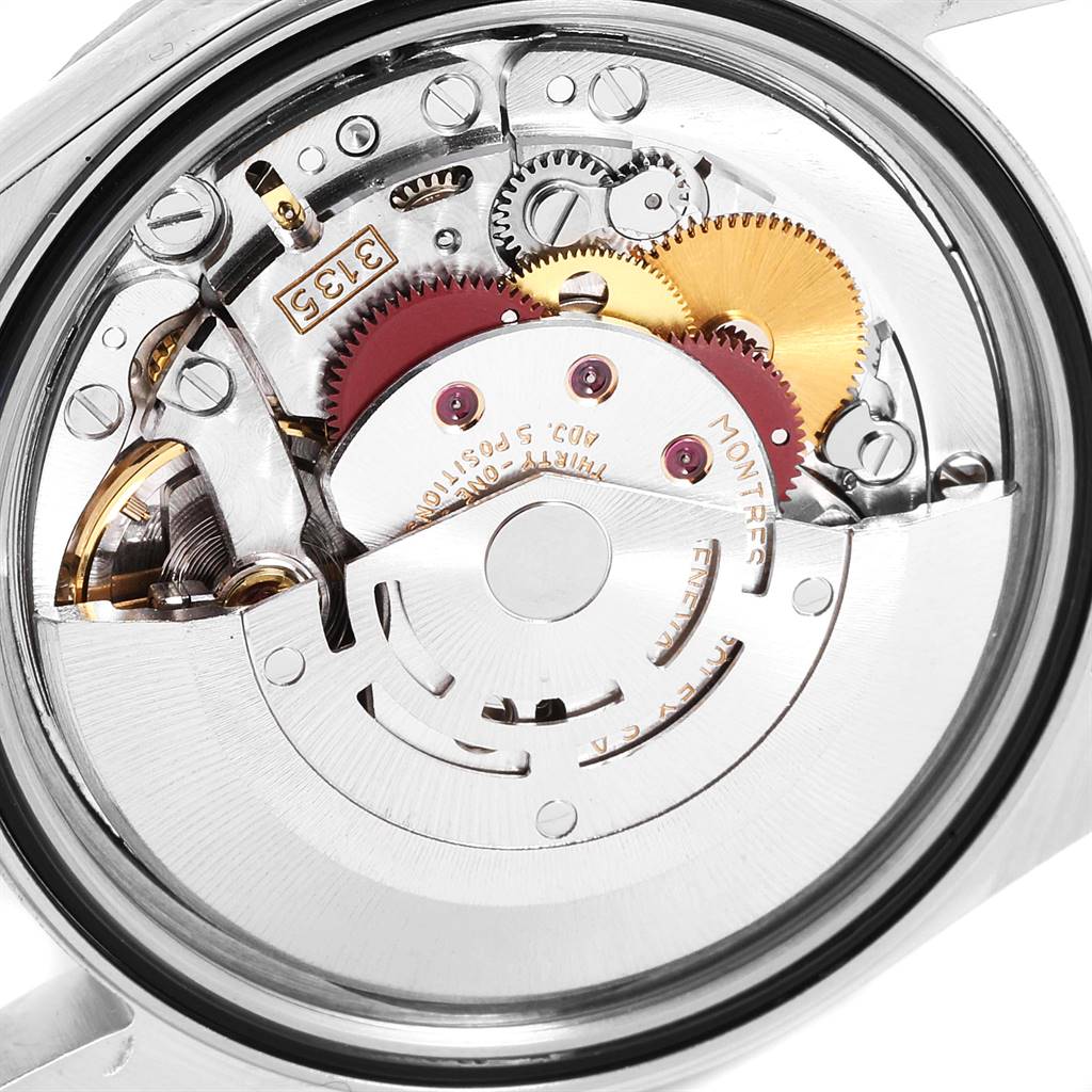 This image shows the detailed internal mechanism of a Rolex Datejust 16220 Men's Stainless Steel Silver Dial 16220 Men's Stainless Steel Silver Dial watch from a rear angle.