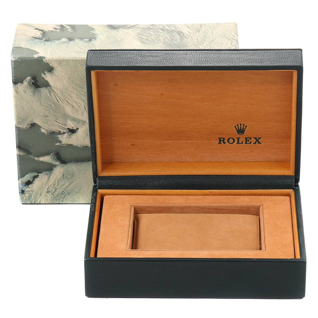 The image shows an open Rolex Datejust 16220 Men's Stainless Steel Silver Dial 16220 Men's Stainless Steel Silver Dial watch box with the Rolex logo visible on the inside.