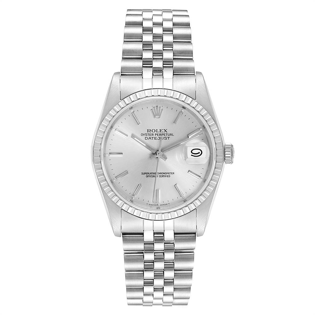 This Rolex Datejust 16220 Men's Stainless Steel Silver Dial 16220 Men's Stainless Steel Silver Dial watch is shown from a front angle, displaying its silver dial, date function, bezel, and Jubilee bracelet.