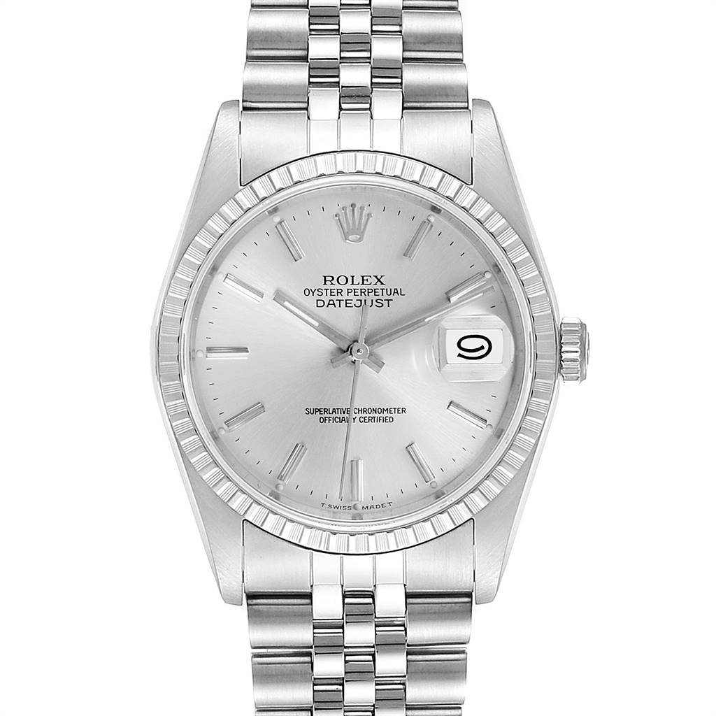 This image shows a front view of the Rolex Datejust 16220 Men's Stainless Steel Silver Dial 16220 Men's Stainless Steel Silver Dial watch, displaying the face, bezel, and part of the bracelet.