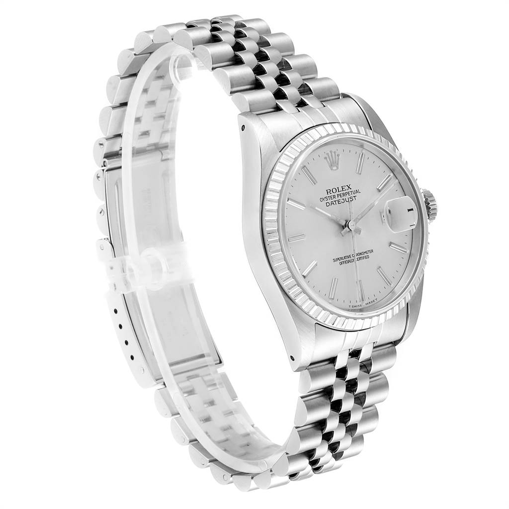 The Rolex Datejust 16220 Men's Stainless Steel Silver Dial 16220 Men's Stainless Steel Silver Dial watch is shown from a side angle, displaying its face, bracelet, and crown.