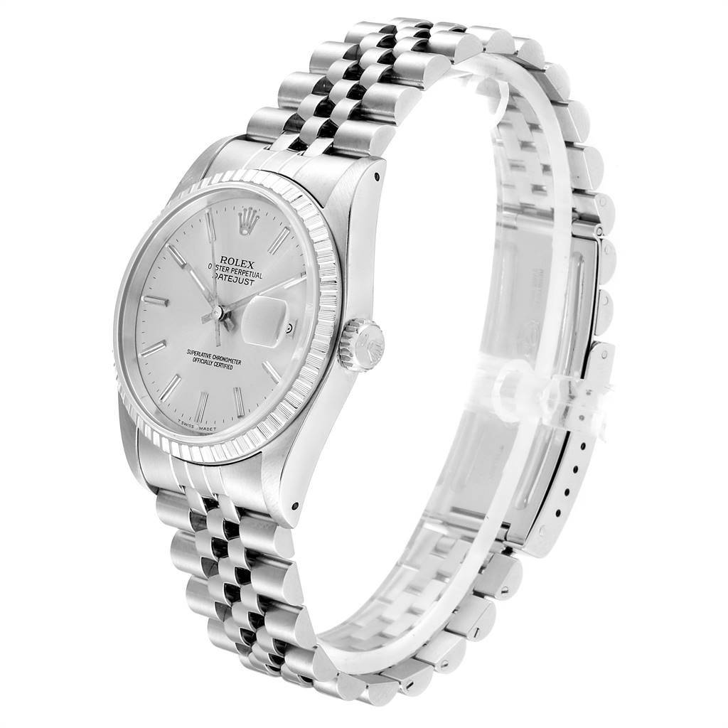This Rolex Datejust 16220 Men's Stainless Steel Silver Dial 16220 Men's Stainless Steel Silver Dial watch is shown at a side angle, displaying the face, bezel, crown, and full metal bracelet.