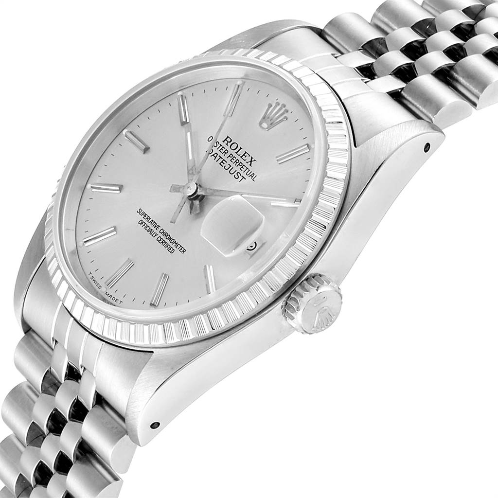 The image shows a side view angle of a Rolex Datejust 16220 Men's Stainless Steel Silver Dial 16220 Men's Stainless Steel Silver Dial watch highlighting the dial, bezel, case, crown, and part of the bracelet.