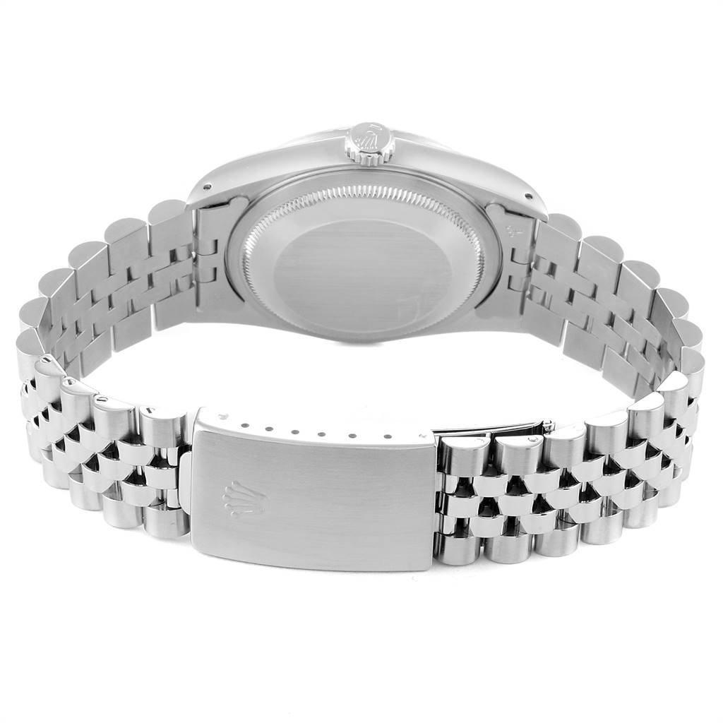 The image shows the backside and clasp of a Rolex Datejust 16220 Men's Stainless Steel Silver Dial 16220 Men's Stainless Steel Silver Dial, highlighting its stainless steel bracelet.