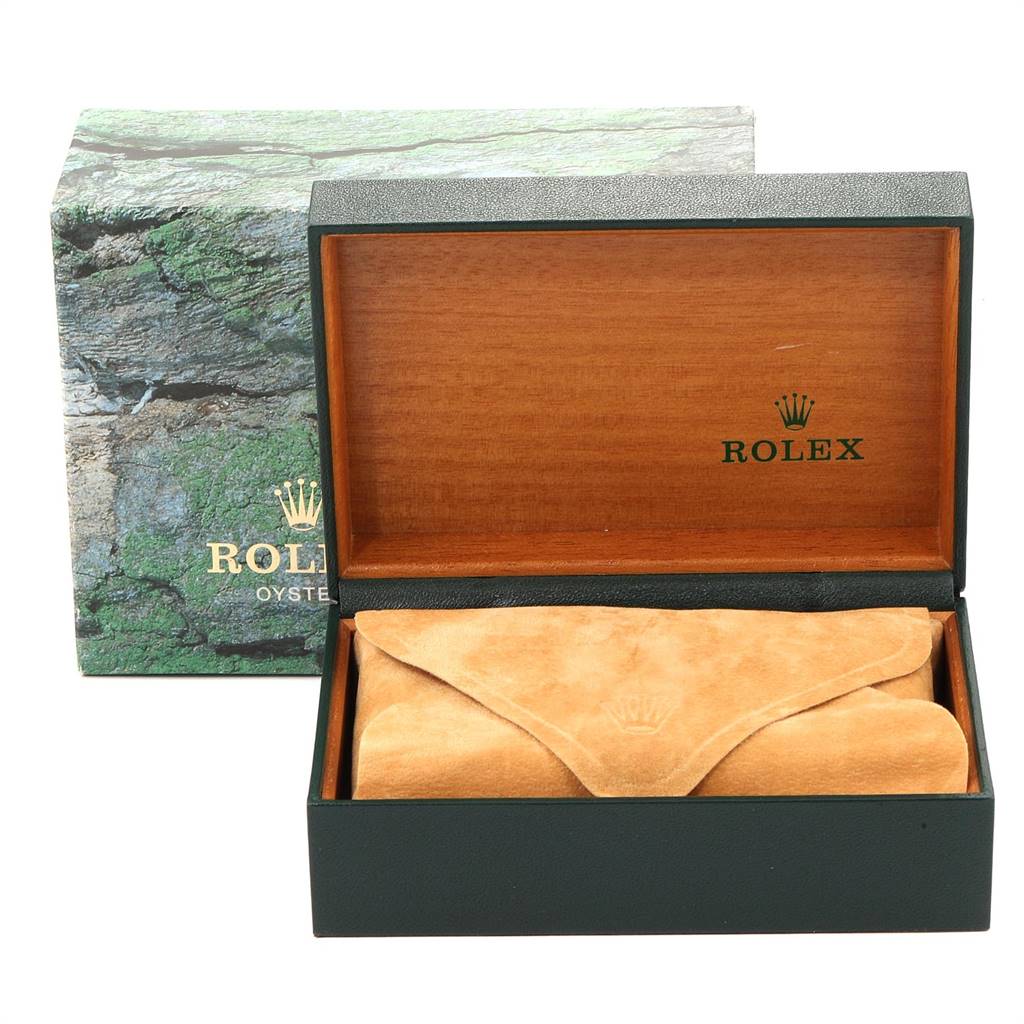 The image shows a Rolex Datejust 16220 Men's Stainless Steel White Dial 16220 Men's Stainless Steel White Dial watch box, viewed from the front, with the outer box, inner box, and a suede pouch.