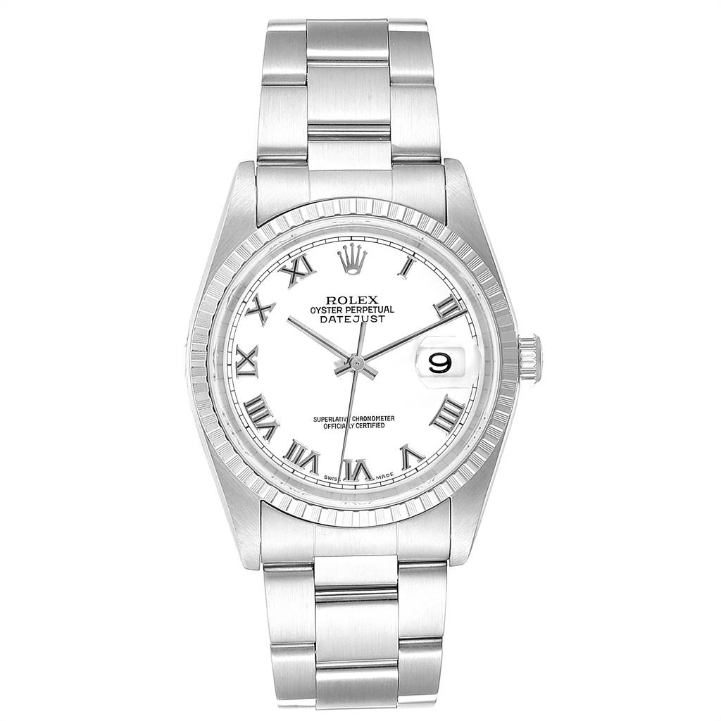 This image shows a front view of a Rolex Datejust 16220 Men's Stainless Steel White Dial 16220 Men's Stainless Steel White Dial watch, featuring its bracelet, case, dial, and date window.